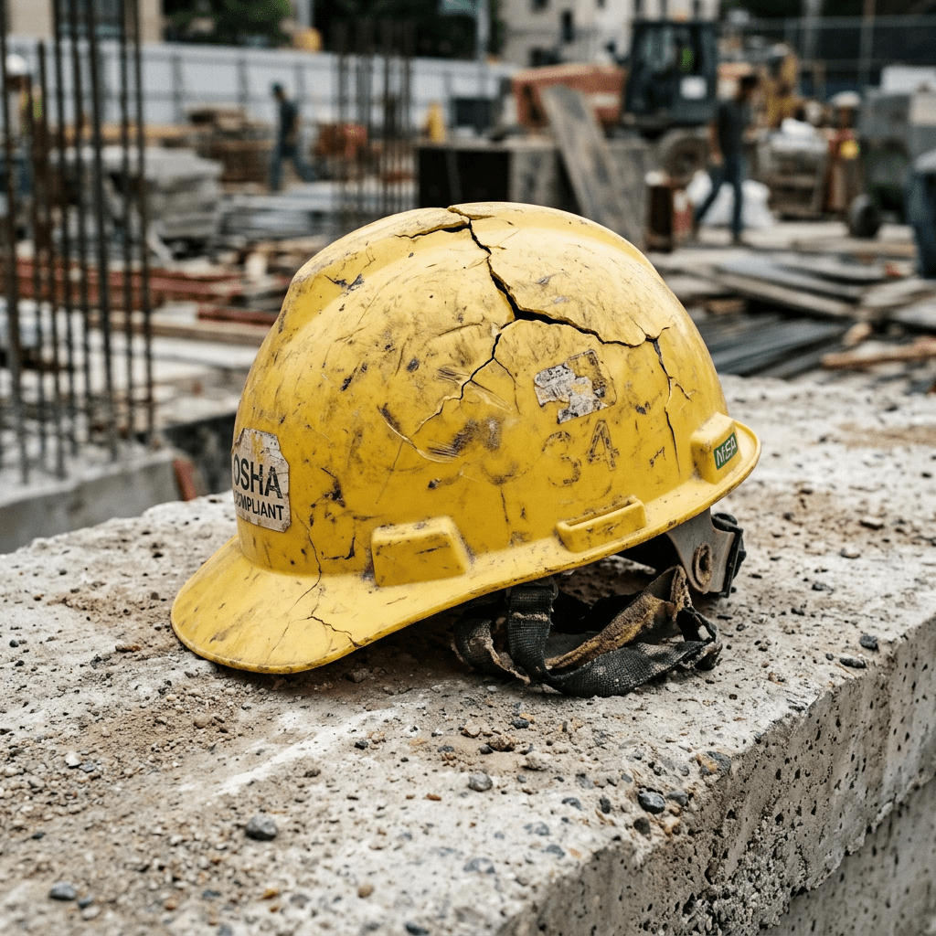 Yellow construction helmet with cracks on concrete block at worksite