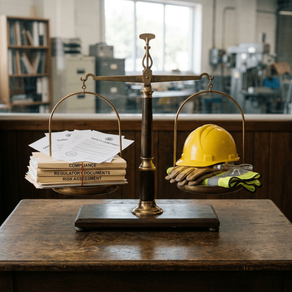 Balance scale with safety compliance documents on one side and yellow hard hat, gloves, and safety glasses on the other