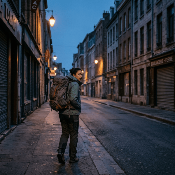 Backpacker with large pack walking on empty street during early morning.