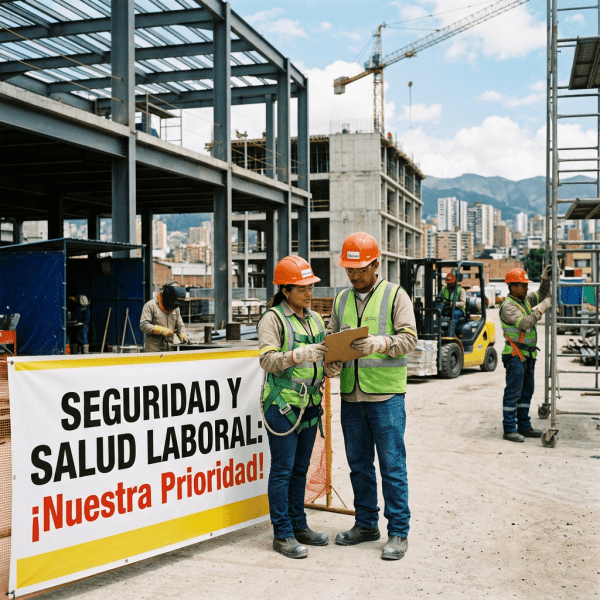 Construction workers beside a Spanish sign reading “Seguridad y salud laboral: ¡Nuestra prioridad!”